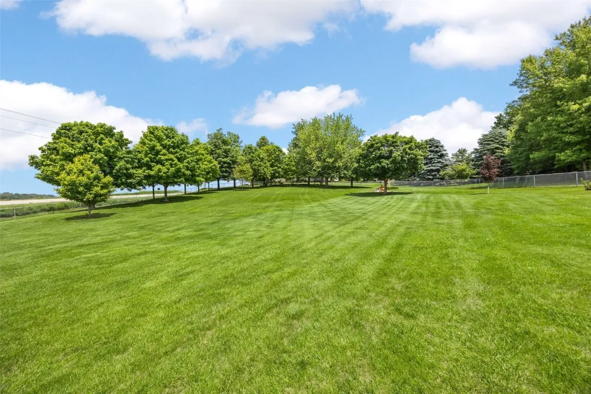 Back yard has many trees with birds and is fully fenced in and has gates on two sides to fit the largest lawn mower.