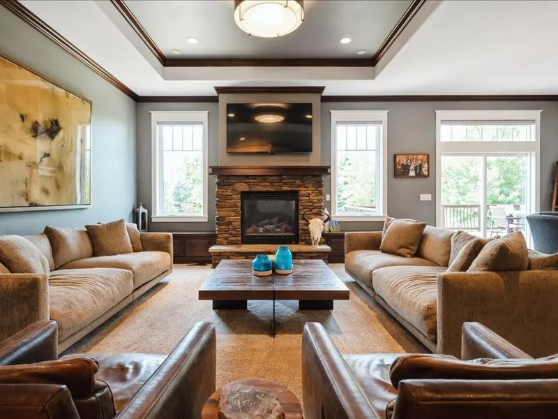 living room, tray ceiling, fireplace