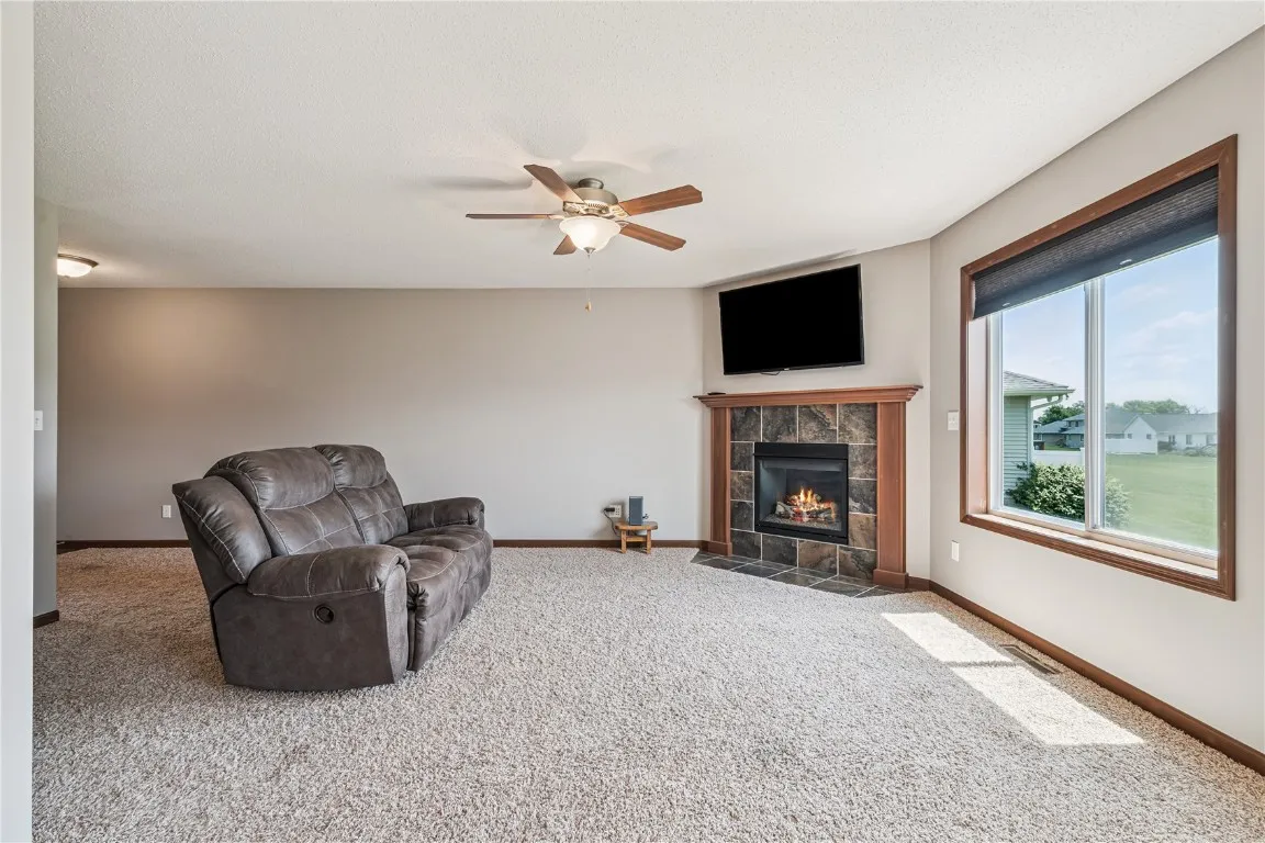 Another living room view of gas fireplace and showing the natural light sifting in.
