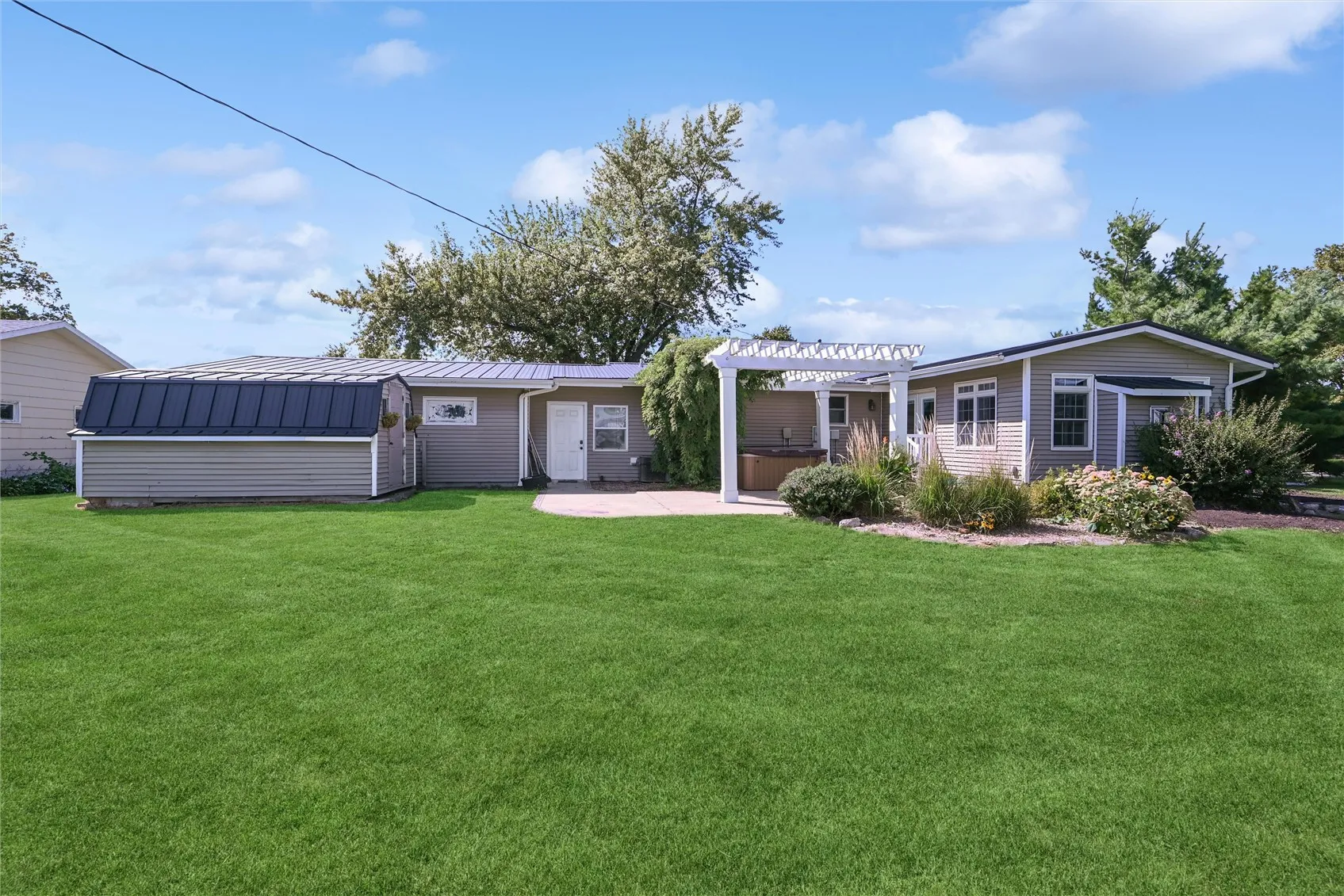 Storage shed, patio, pergola