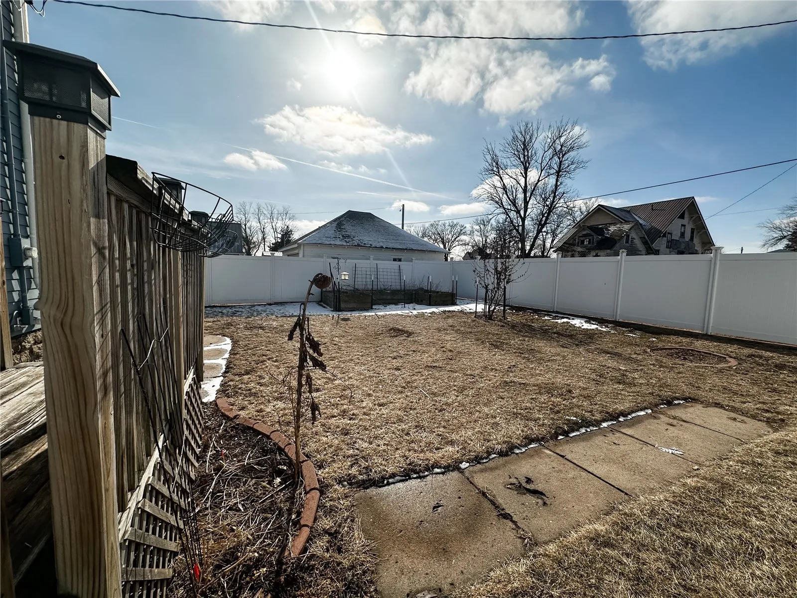 Fully fenced backyard with deck and garden beds