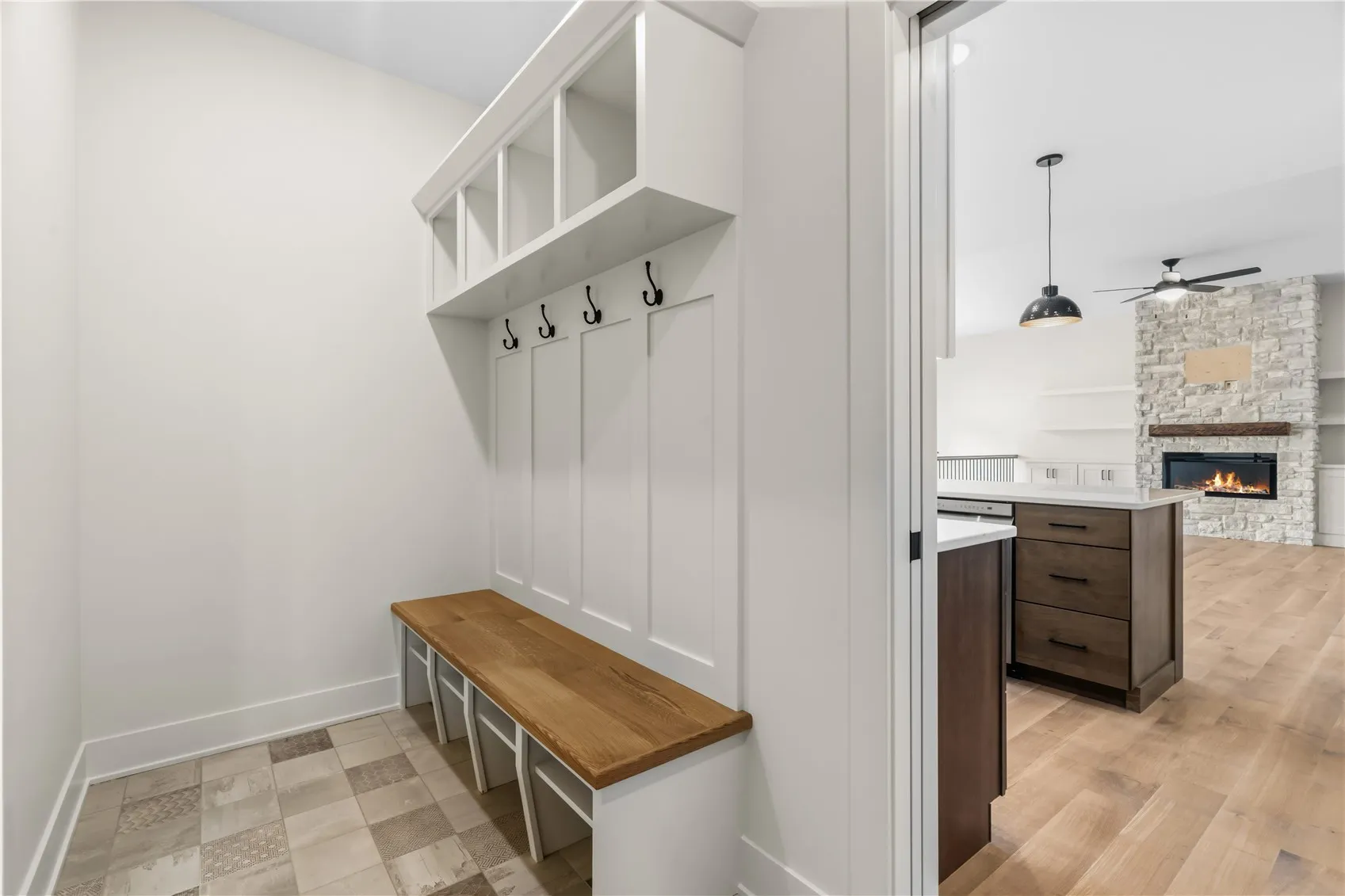 Mudroom located upon garage entry with storage.