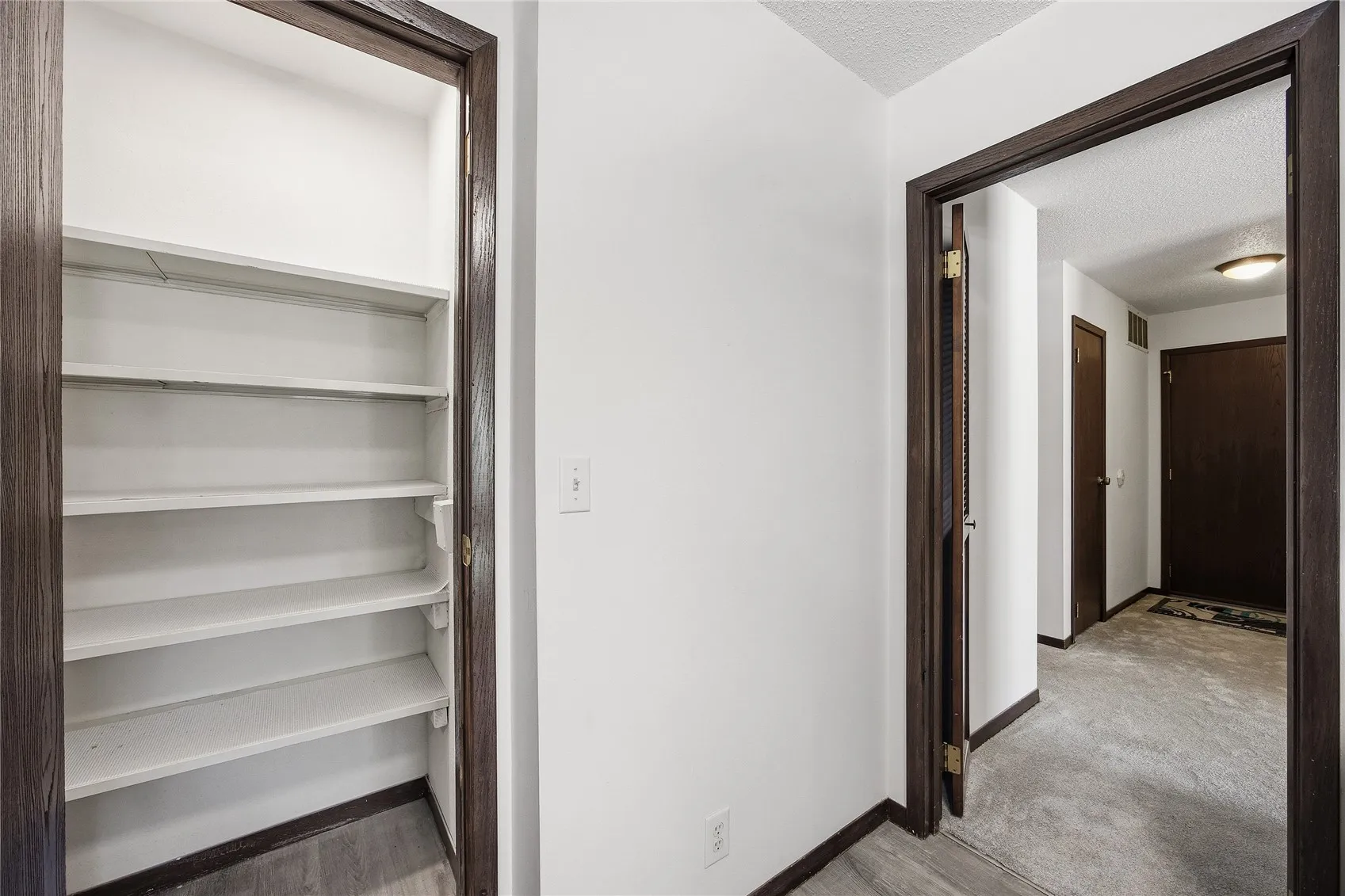 Lighted pantry at end of galley kitchen.