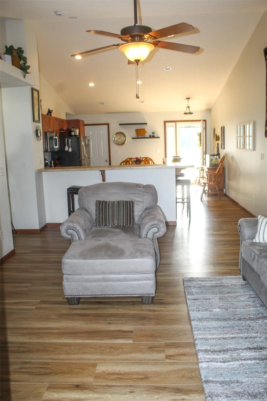 View of living room from deck towards the kitchen.