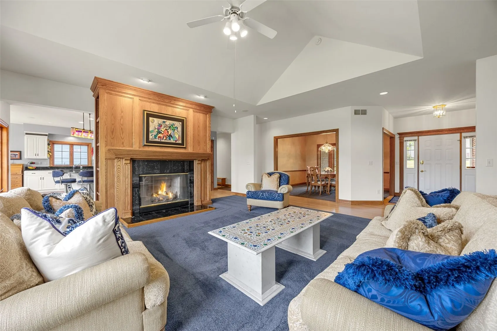 Marble gas fireplace & built-ins