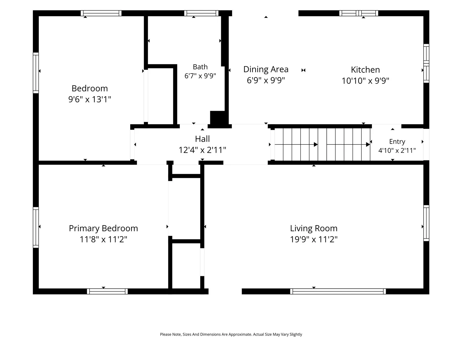 Main level with primary bedroom, 2nd bedroom, and full bathroom