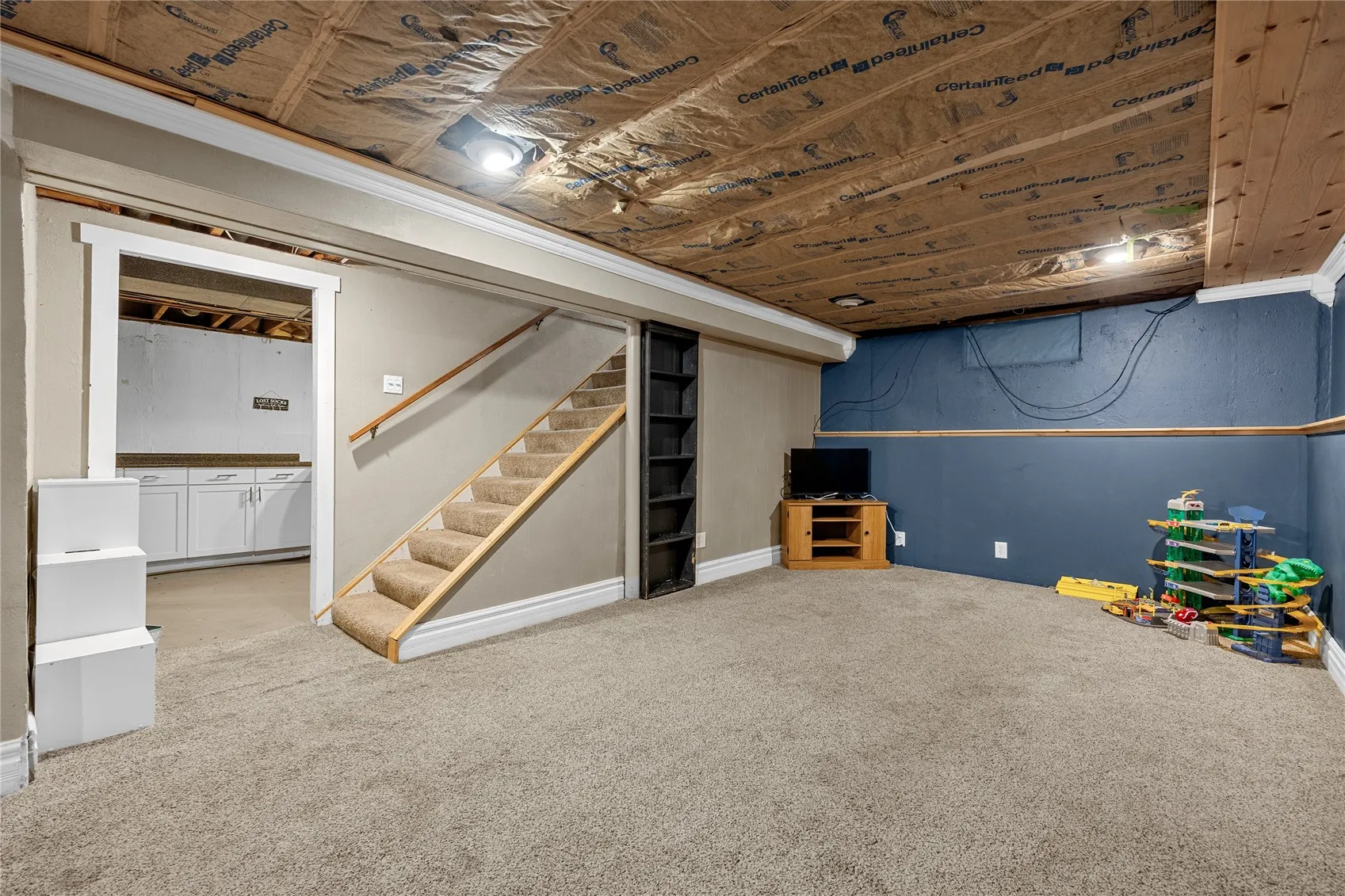 Partially finished lower level with rec room