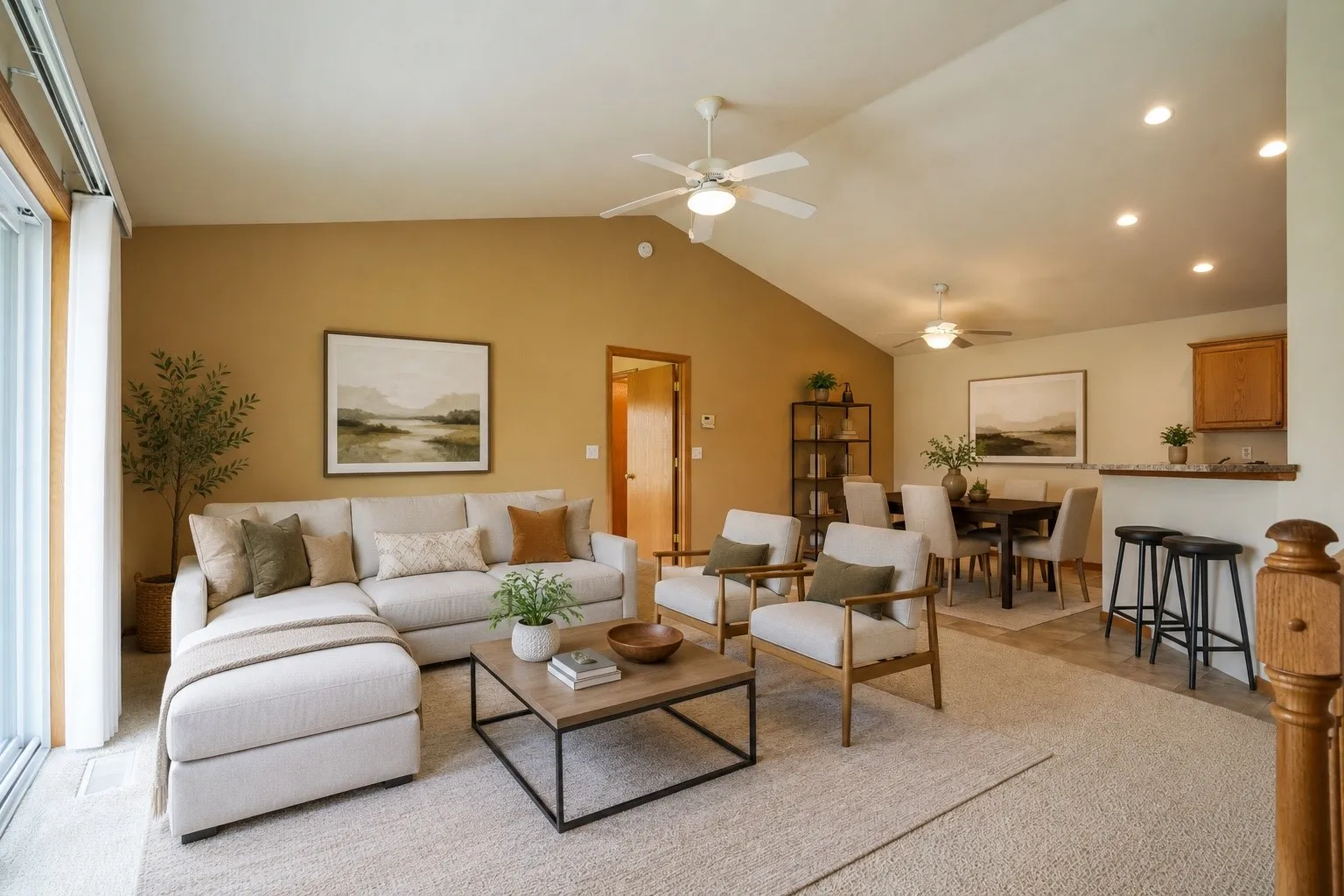 Virtually staged living room and dining area
