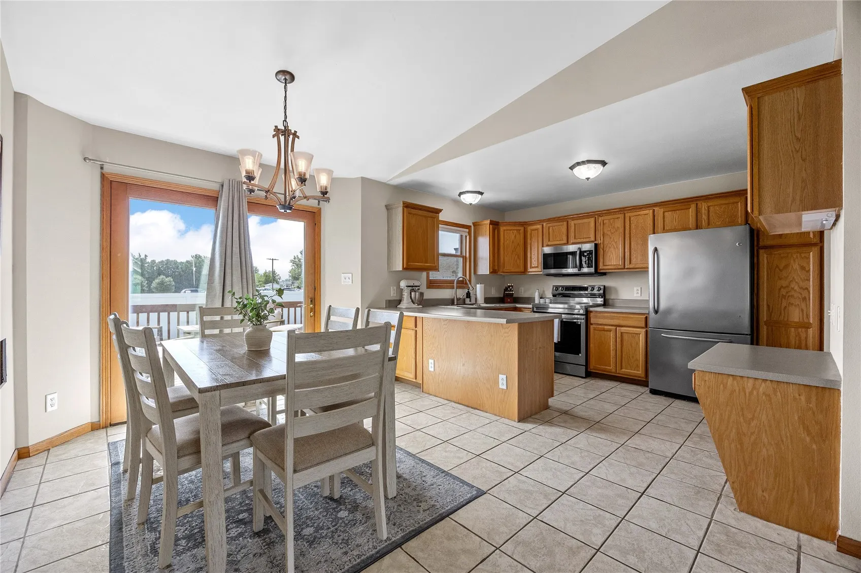 Dining room and view to kitchen.