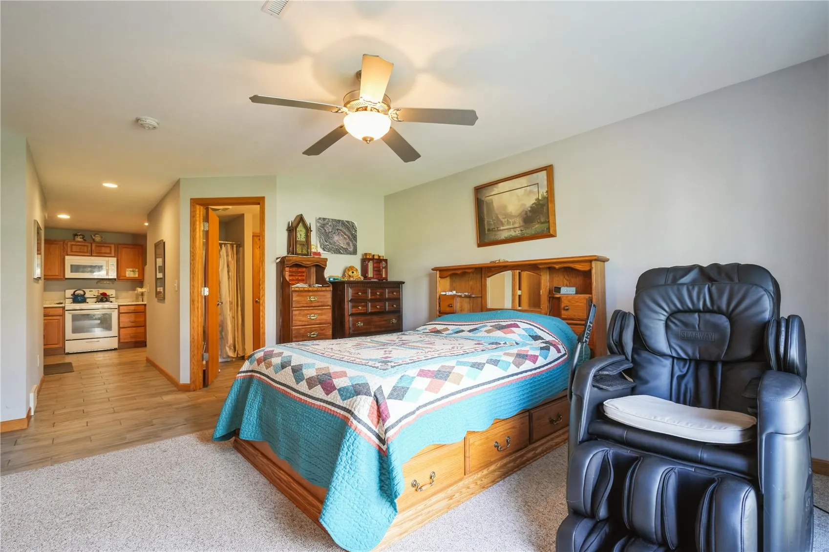 Lower level bedroom...looking toward full bathroom and full kitchen