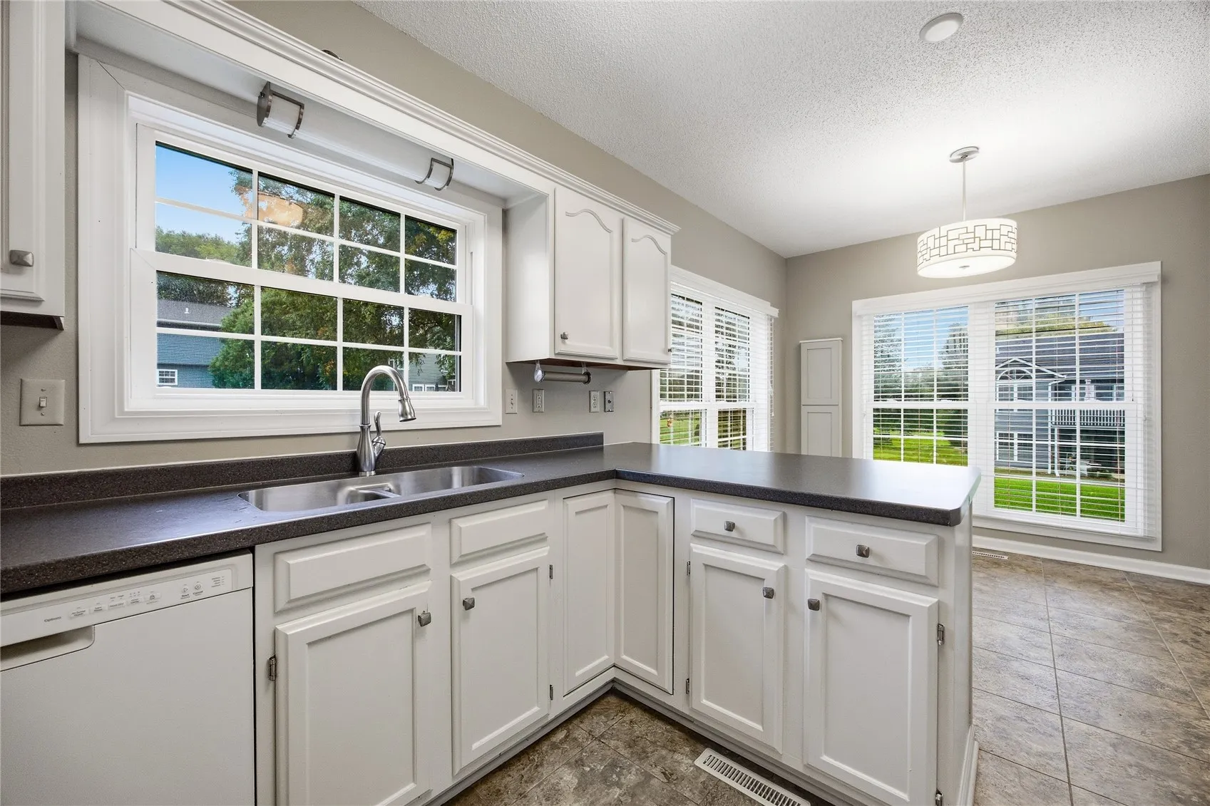 Cabinets have been painted. Smooth like new formaica countertops. Pleanty of light in this room due to all of the windows.