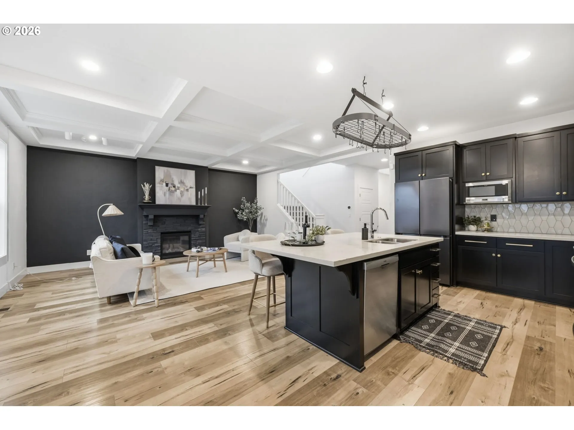 Kitchen/Living Room-Coffered Ceilings