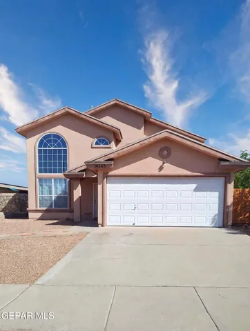 Stucco exterior with a two-story design and arched windows -- digitally enhanced photo