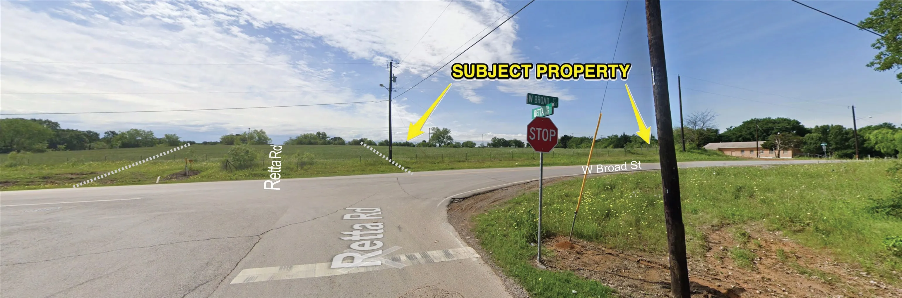 Street view at the intersection of W Broad St and Retta Rd with extension of Retta Rd showing between dash lines.