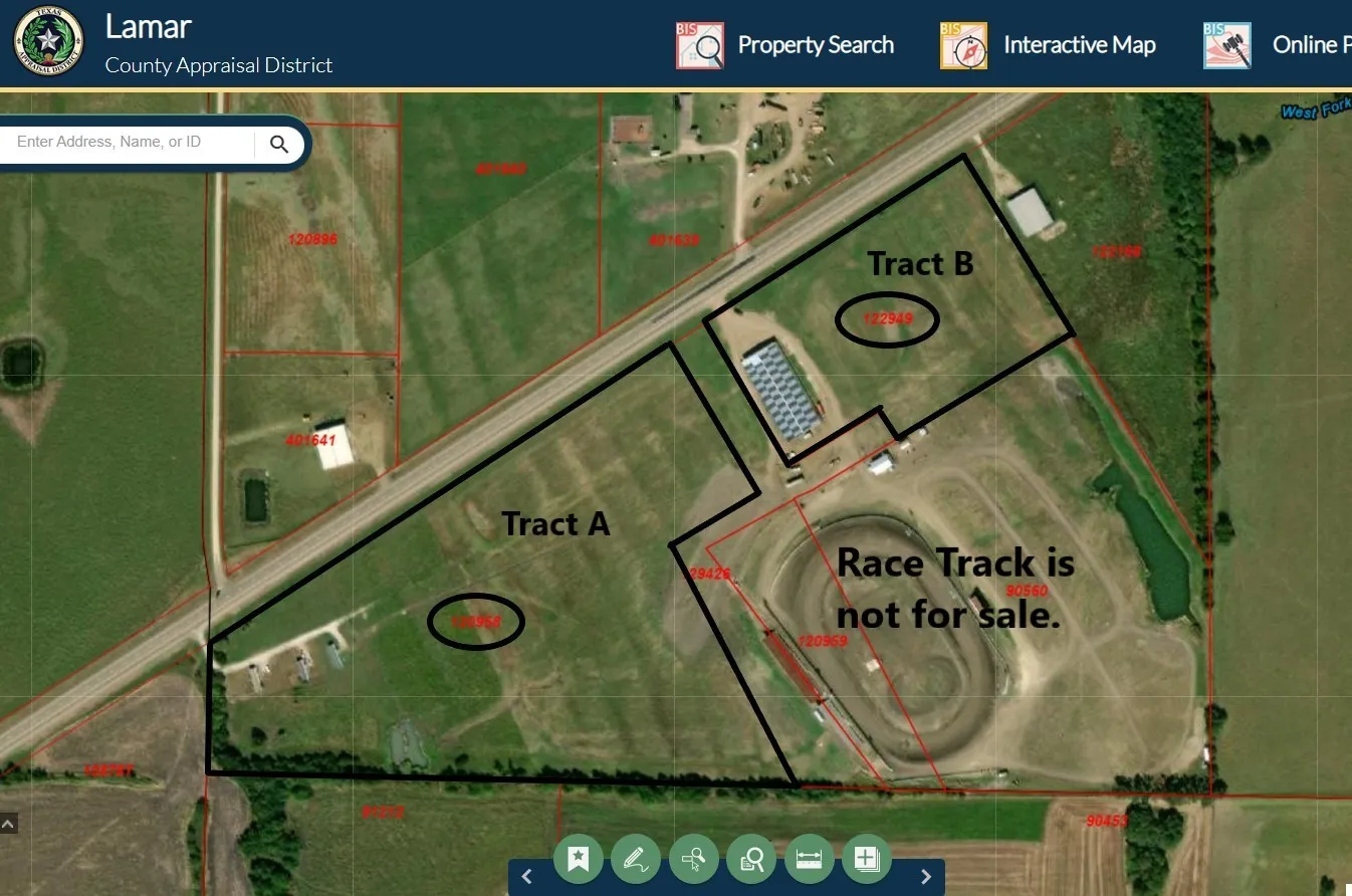 Lamar County ID #'s - Tract A for sale.  Info on Tract B - see MLS 20173628; Race track behind is not for sale.