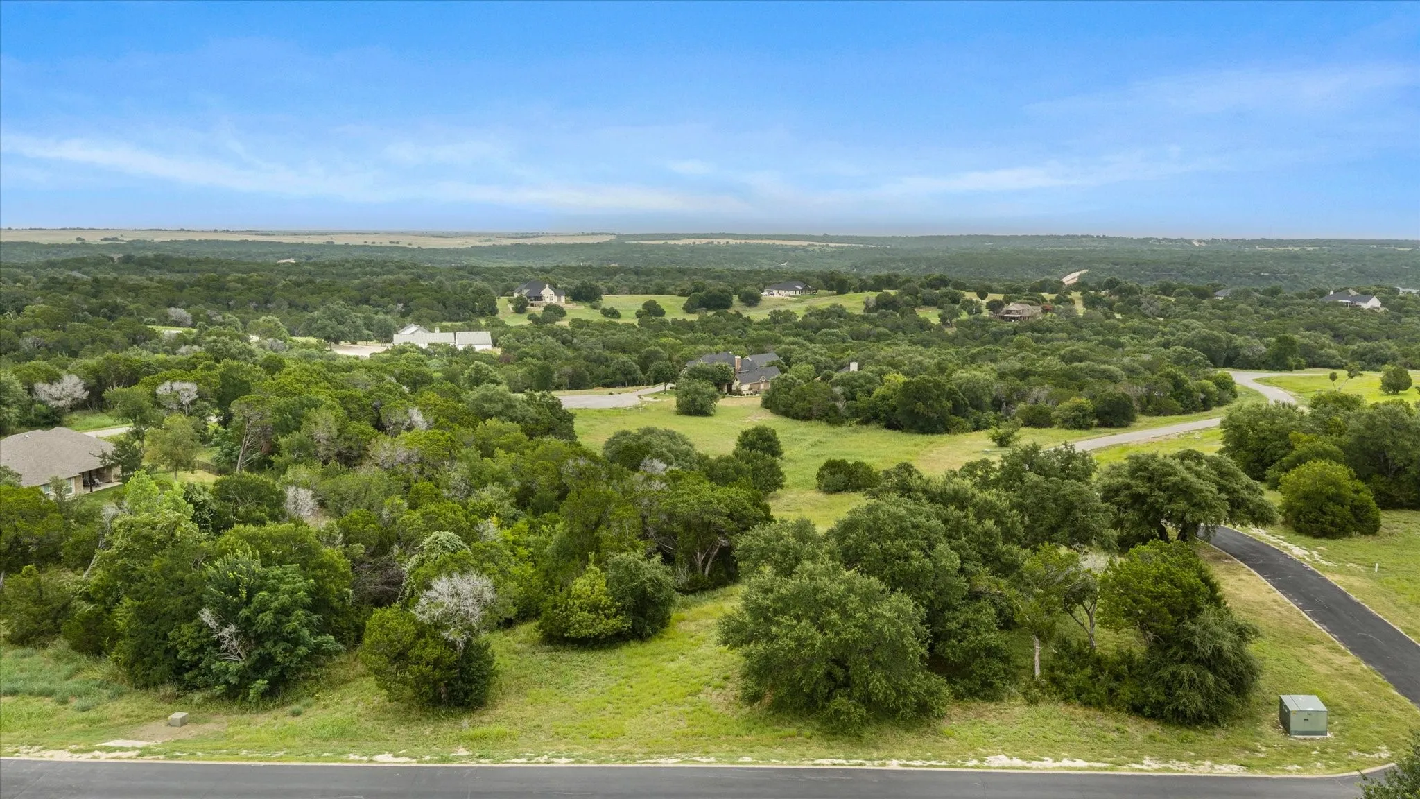 Expansive land parcel featuring mature trees, a paved driveway, and established homes in the surrounding landscape