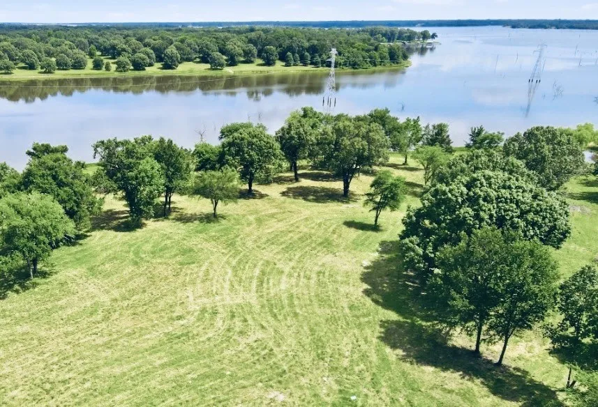 Expansive green space with scattered trees bordering a substantial body of water