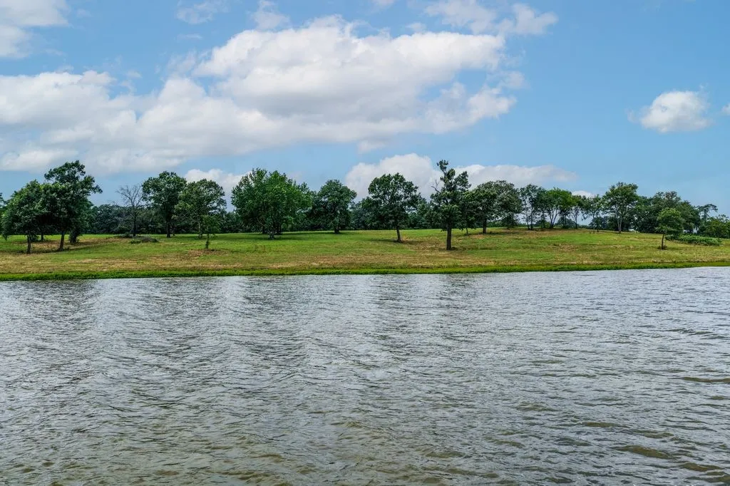 Expansive body of water bordering a verdant grassy hill dotted with mature trees