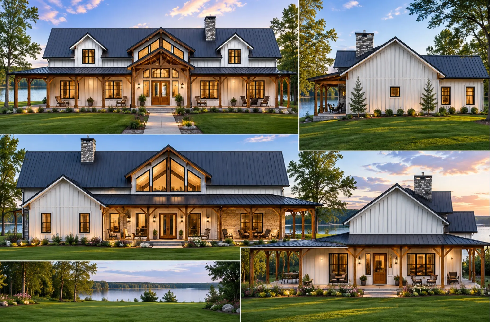 Floor Plan Elevation Rendering in white board and bat smart siding. Property Listing Imagery. Presenting multiple exterior perspectives of the property, including waterfront access and surrounding grounds