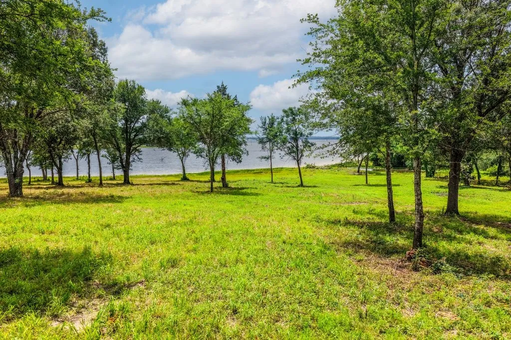 Expansive green space with abundant mature trees and a tranquil water backdrop