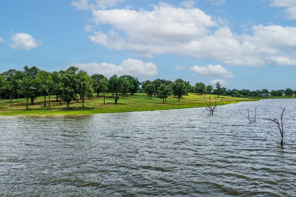 Expansive waterfront property featuring a gently sloping, tree-lined landscape