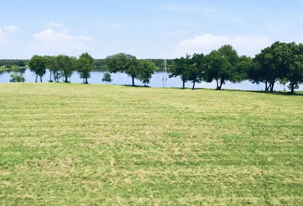 Expansive green space featuring a large body of water bordered by mature trees