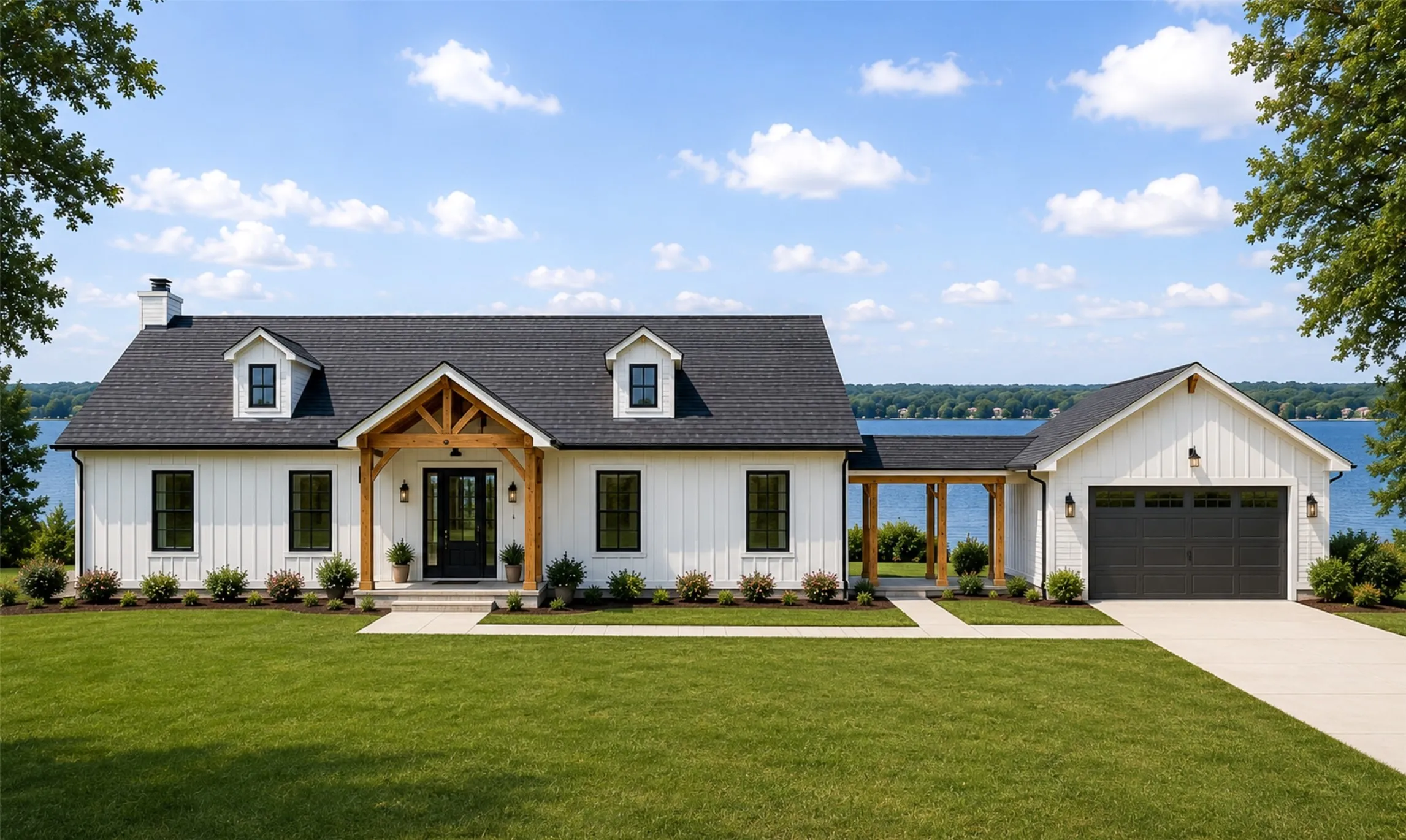 Virtual Rendering. Modern farmhouse-style residence featuring white board and batten siding, dark framed windows, and a dark shingle roof