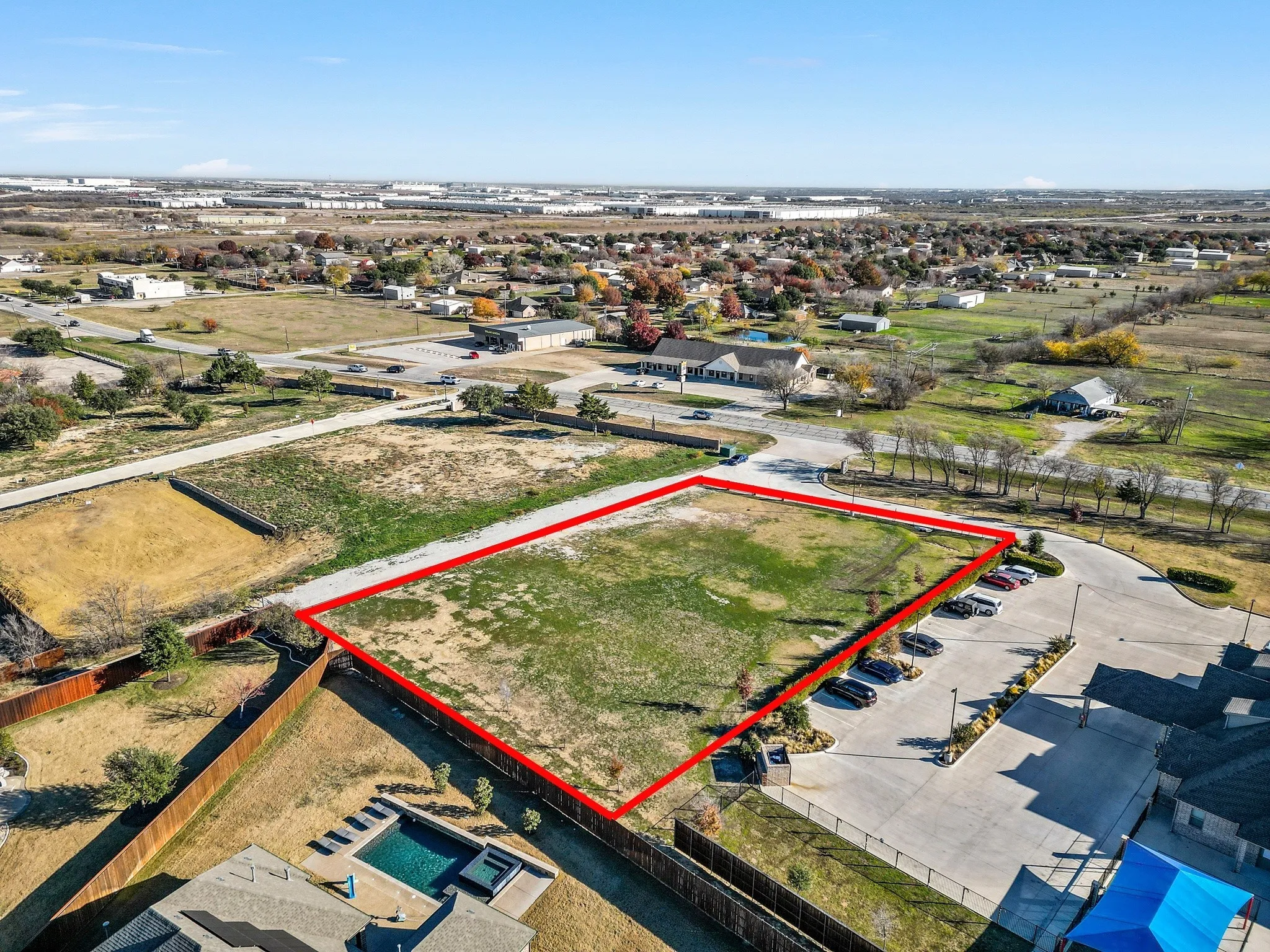 Aerial View of boundary outline of 1.28 Acres Vacant Commercial Lot