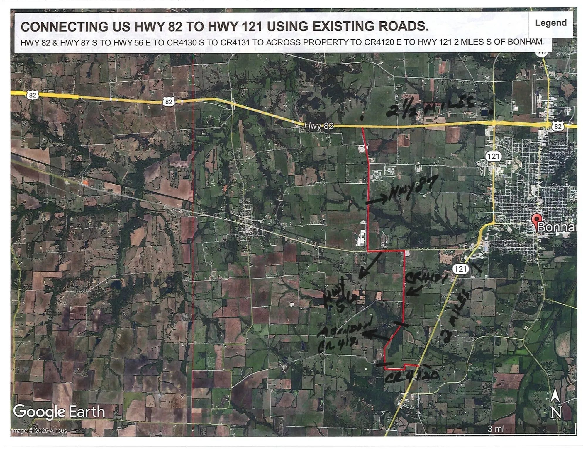 the only private property between US 82 west of Bonham and hwy 121 south of Bonham using existing roads