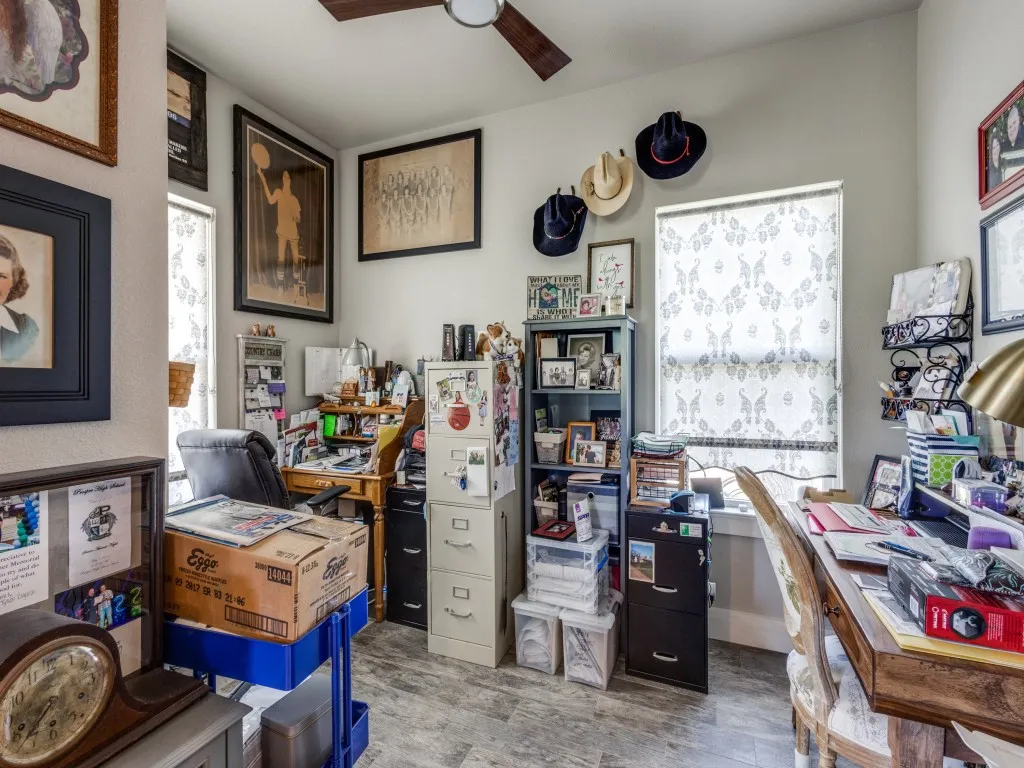 Office featuring a healthy amount of sunlight, ceiling fan, and light wood-type flooring