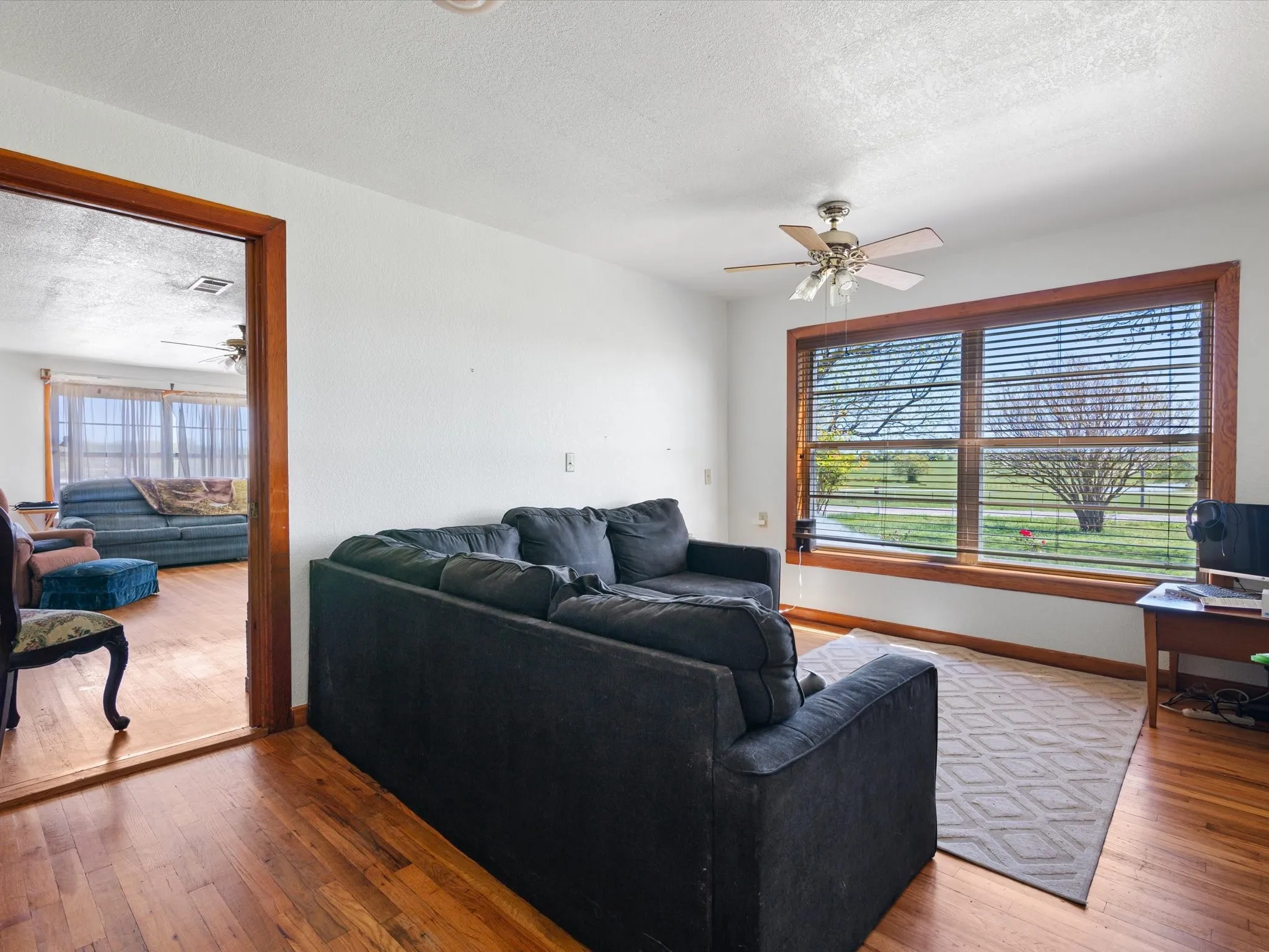Living room with ceiling fan, light wood-type flooring, and a textured ceiling