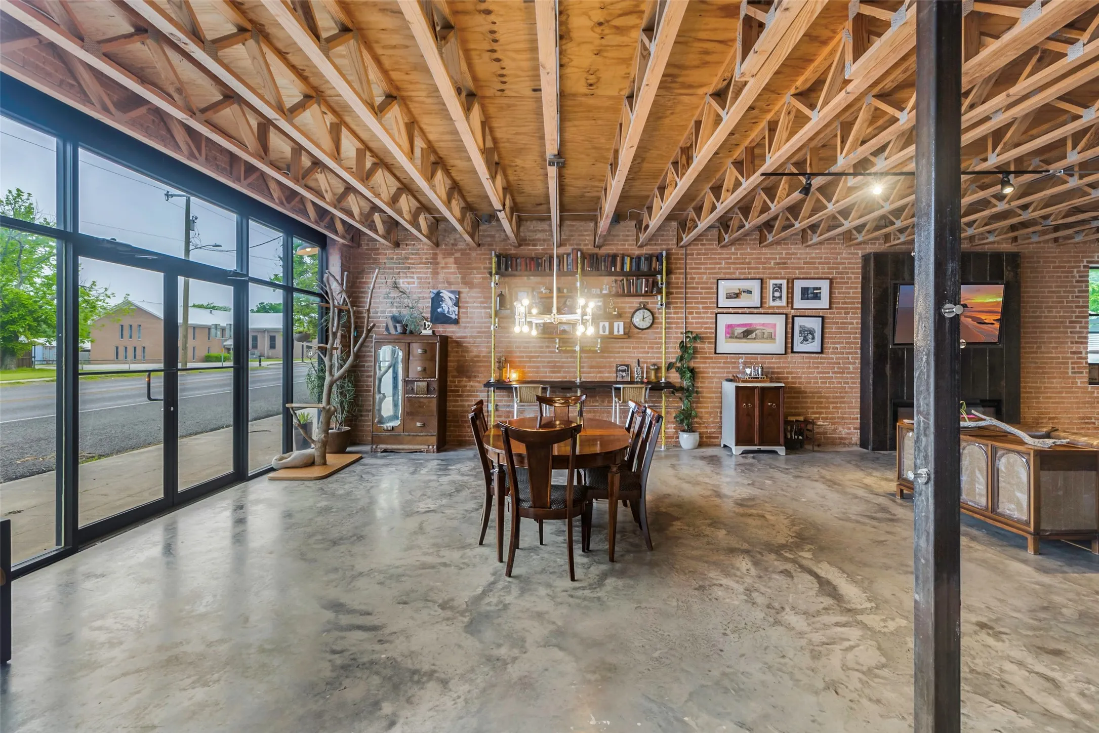Dining space with brick wall