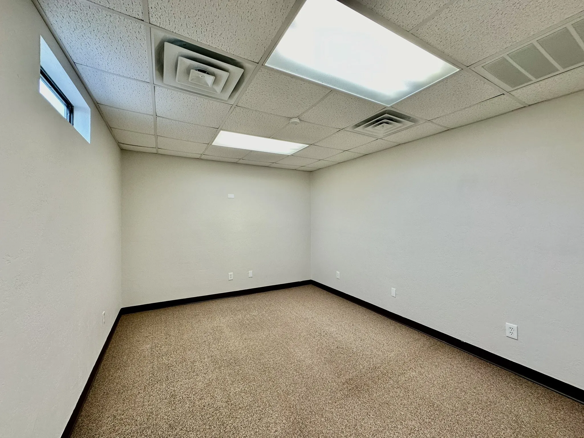 Empty room with a drop ceiling and carpet floors
