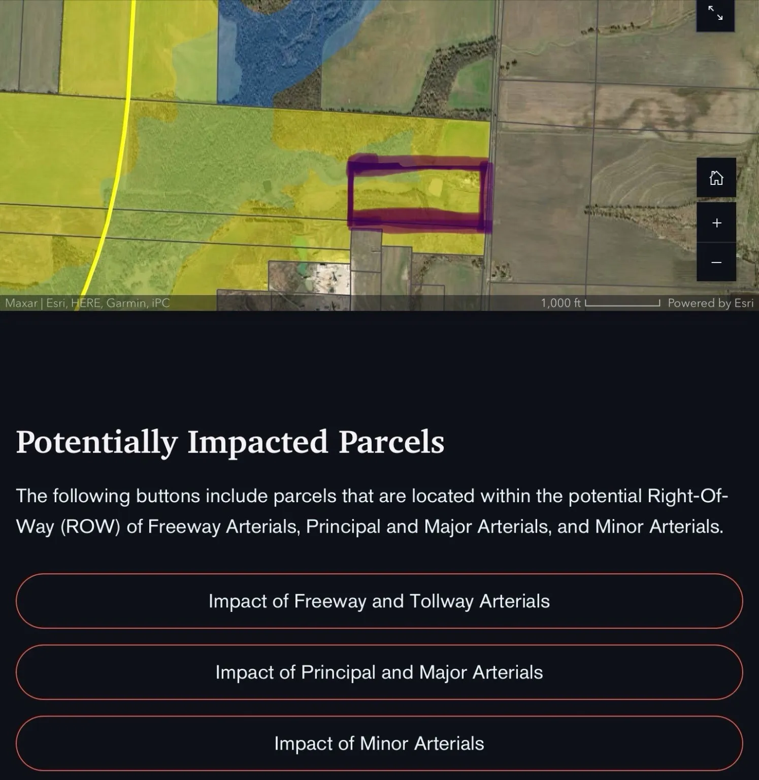Approx parcel in purple; Preferred Alugnment of Grayson Co. Tollway to West in yellow