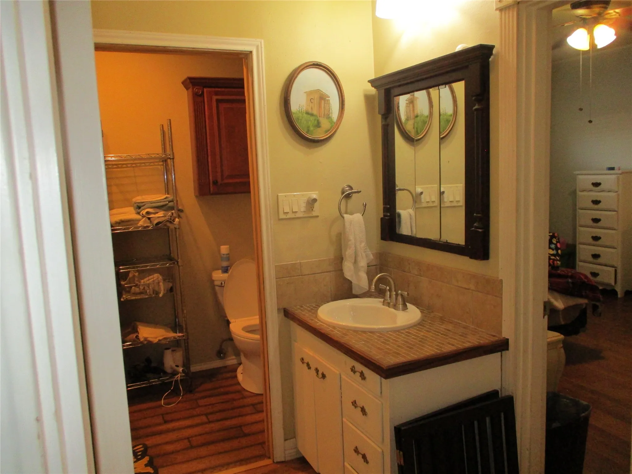Bathroom with hardwood / wood-style floors, backsplash, toilet, vanity, and ceiling fan