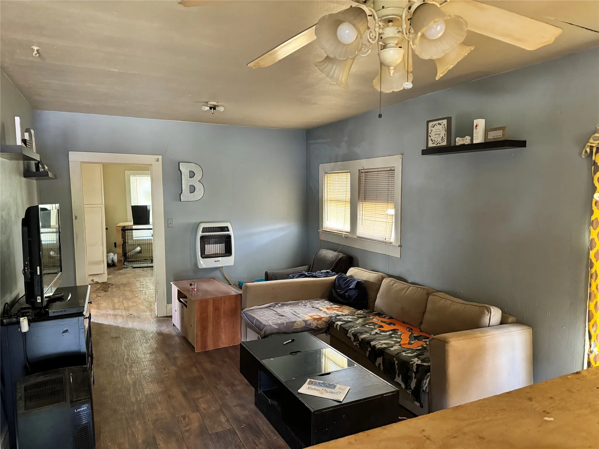 Living room featuring dark wood-type flooring and ceiling fan