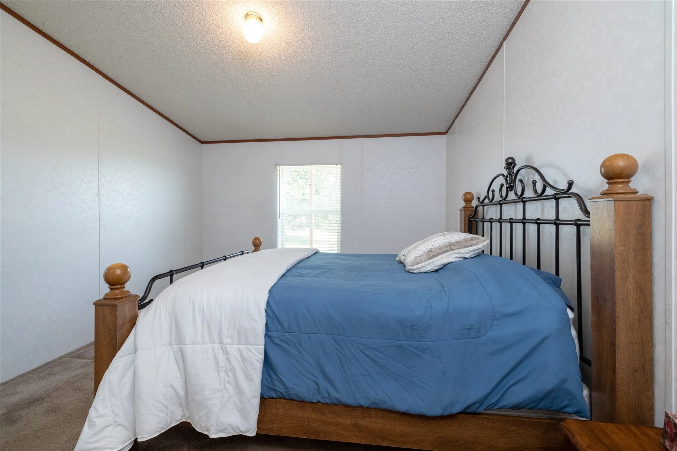 Bedroom featuring carpet, ornamental molding, and a textured ceiling