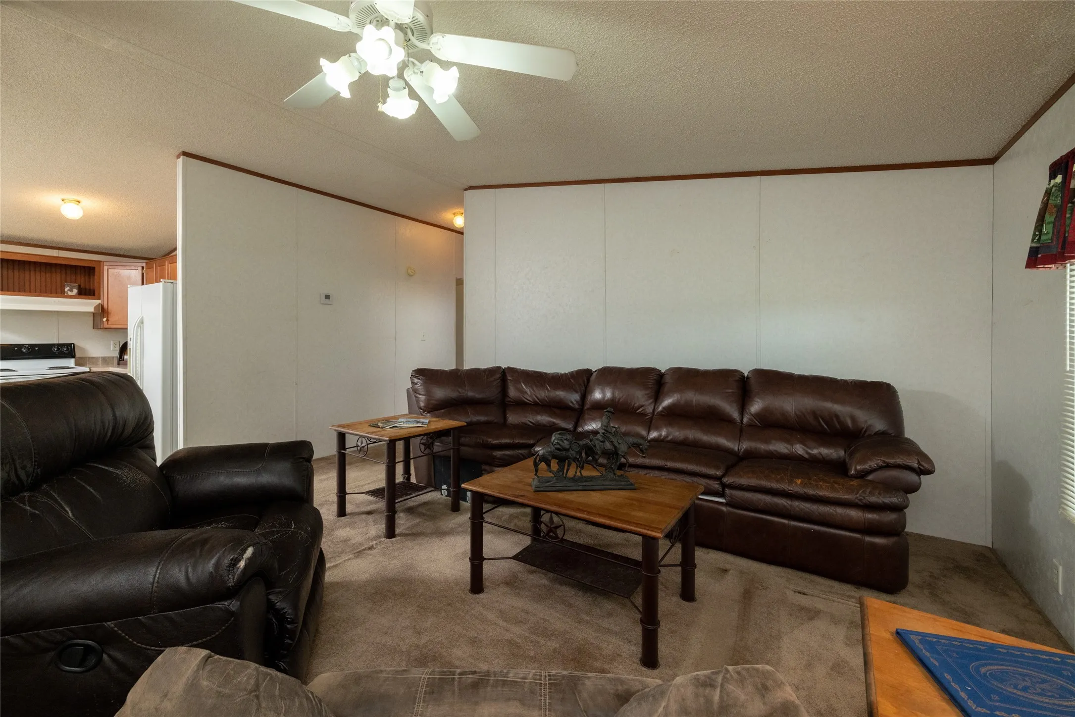 Carpeted living room with ceiling fan, a textured ceiling, and ornamental molding
