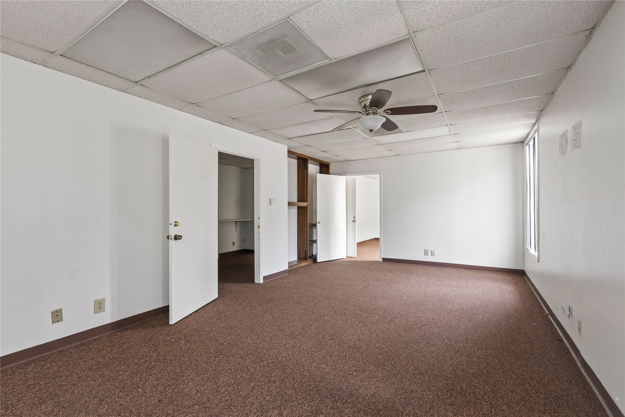  ceiling fan, carpet floors, and a drop ceiling