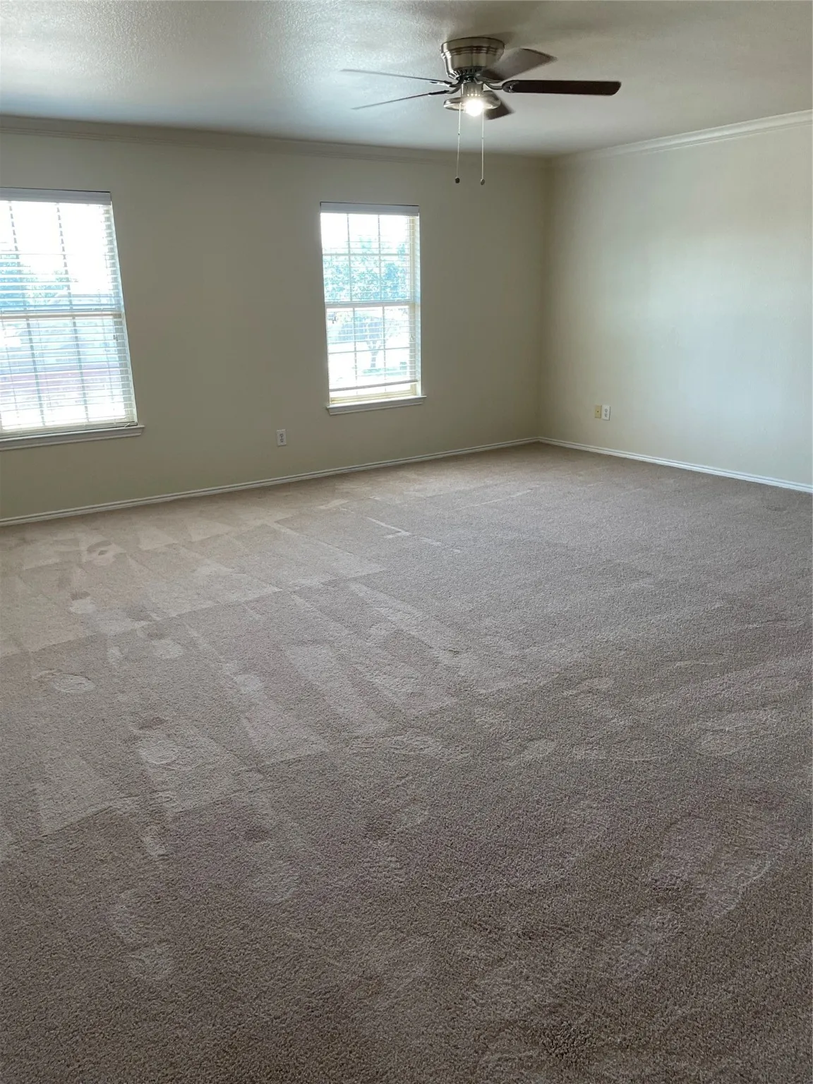 Carpeted spare room featuring a textured ceiling, ceiling fan, and ornamental molding