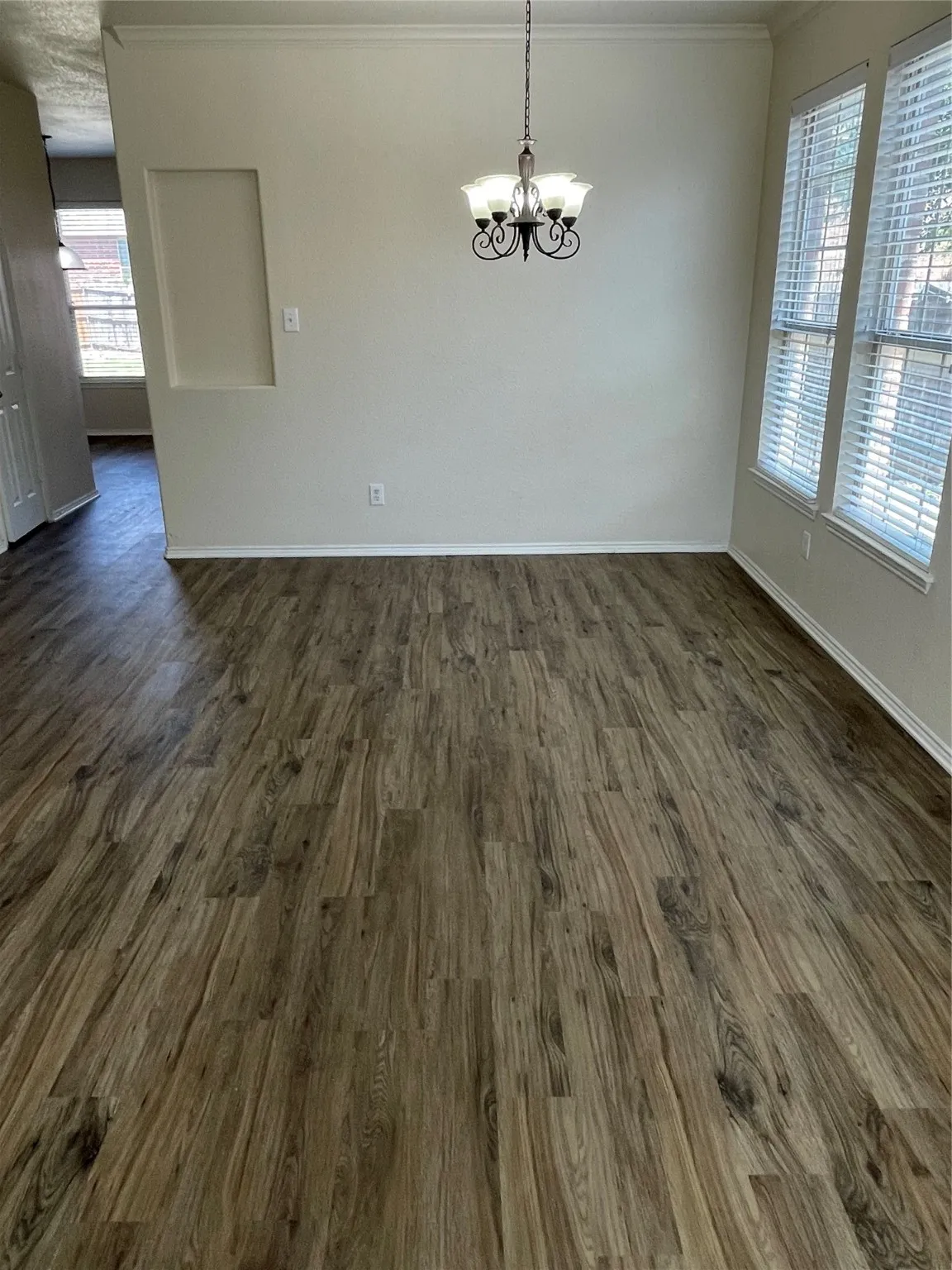 Unfurnished dining area featuring ornamental molding, dark wood-type flooring, and plenty of natural light