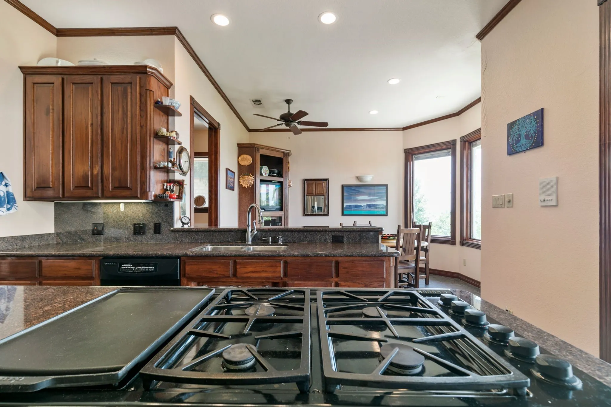 Kitchen featuring ornamental molding, black dishwasher, sink, and ceiling fan