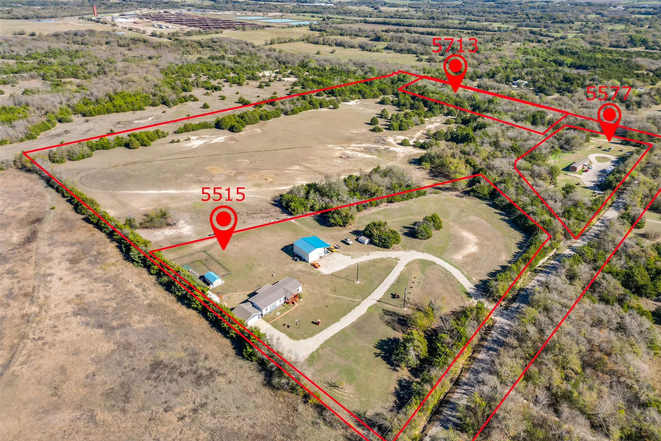 Aerial view from southwest corner of property - property outlines are approximate.