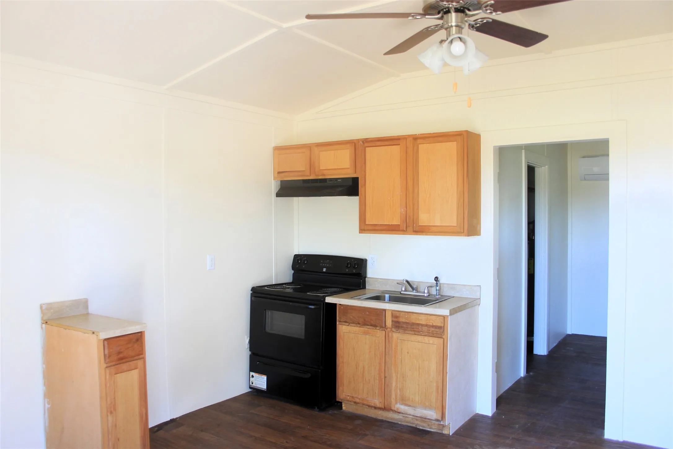 Kitchen with ceiling fan, sink, dark hardwood / wood-style floors, black electric range oven.
