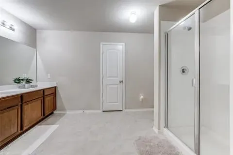 Bathroom with a shower with door and vanity