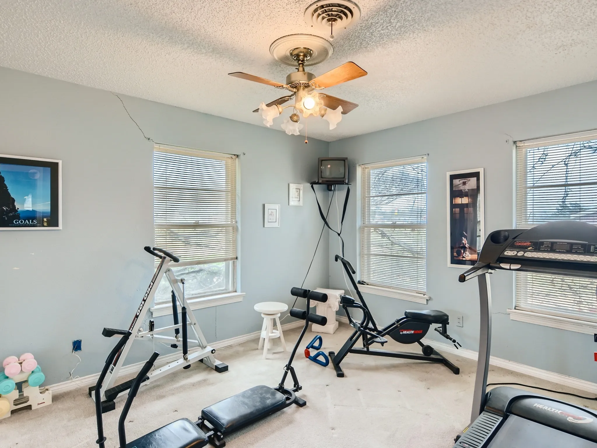 Exercise area with ceiling fan, a healthy amount of sunlight, light colored carpet, and a textured ceiling