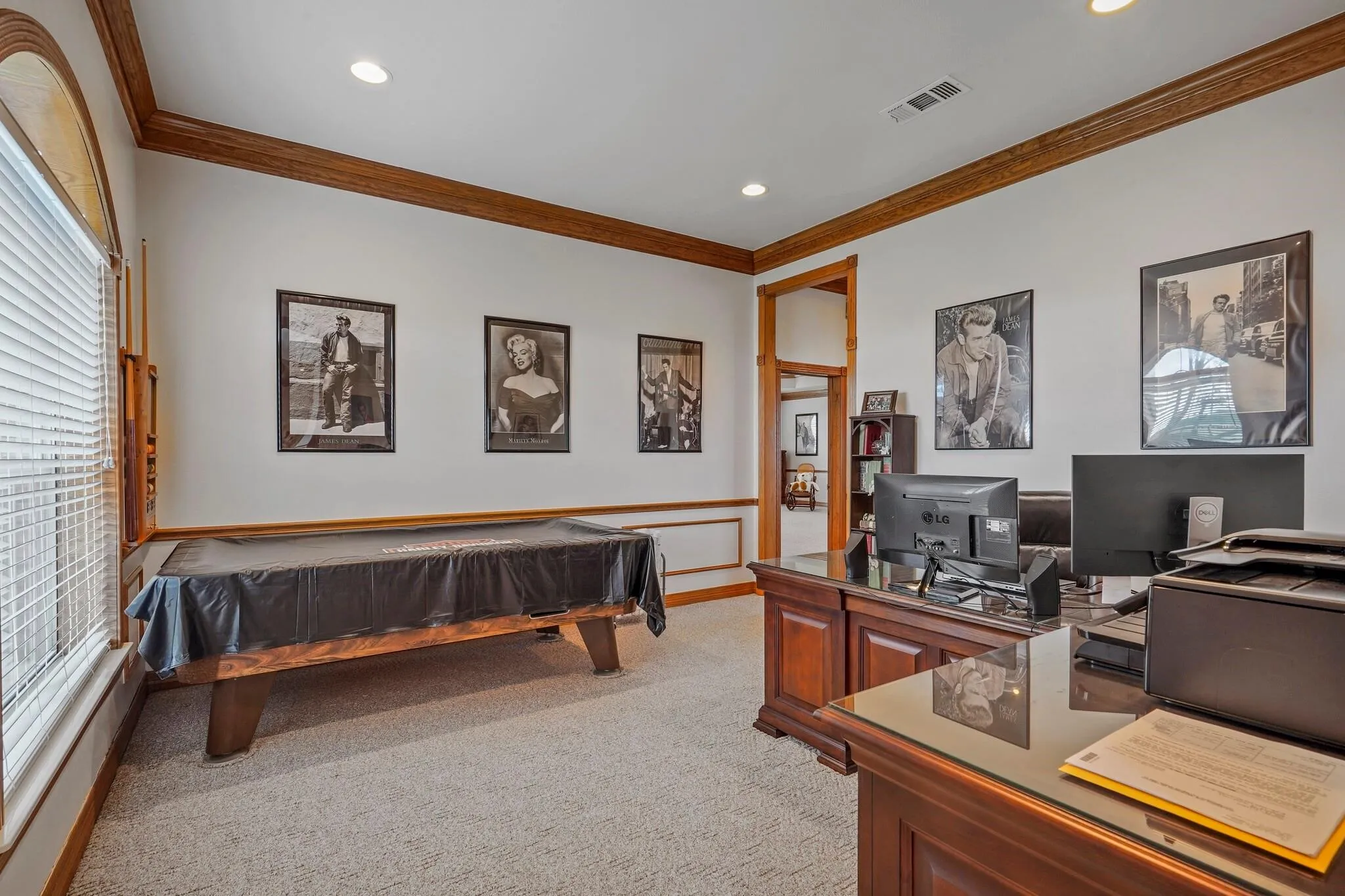 Office with a healthy amount of sunlight, light colored carpet, ornamental molding, and pool table