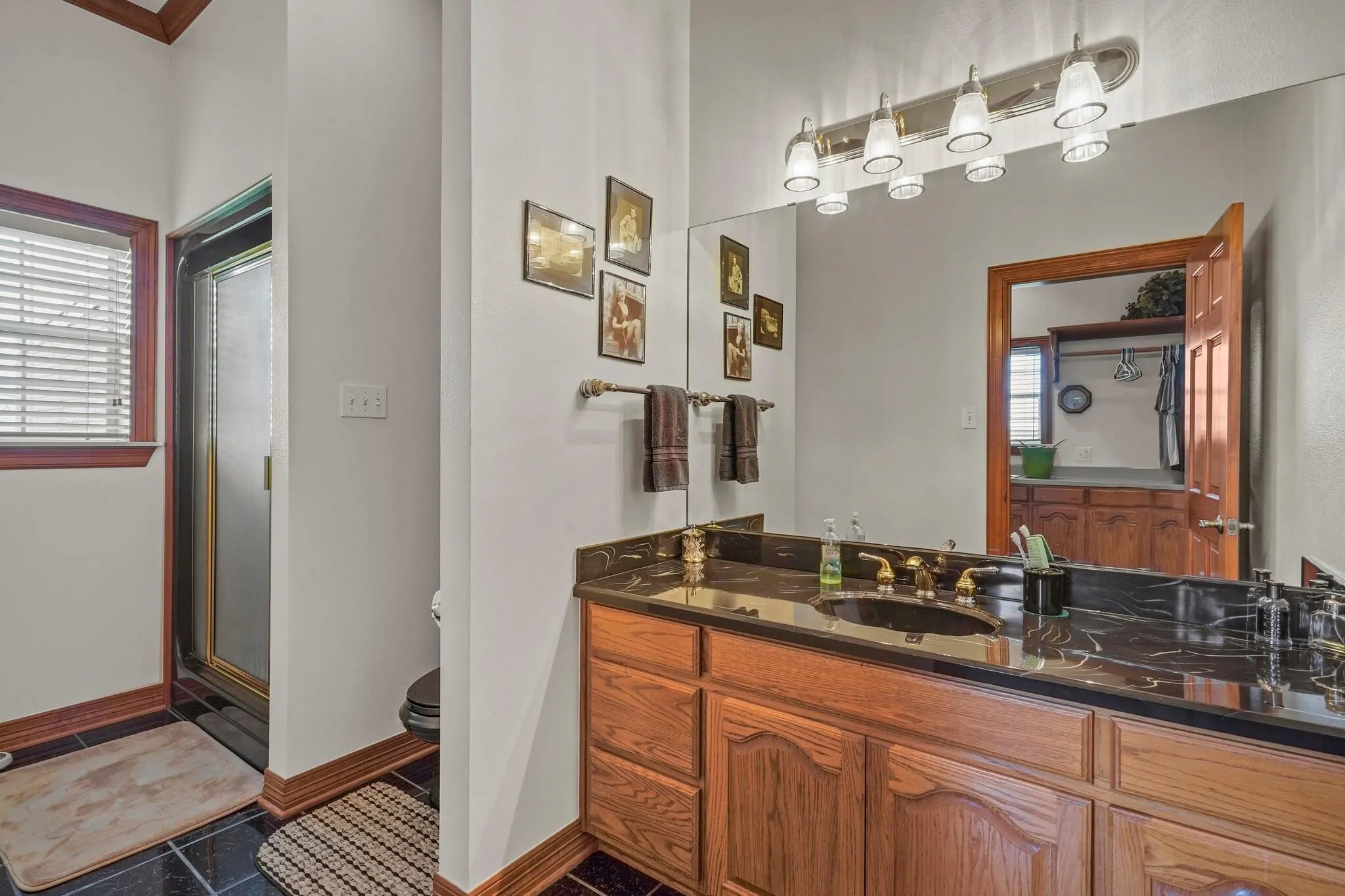 Bathroom with vanity, a healthy amount of sunlight, an enclosed shower, and toilet