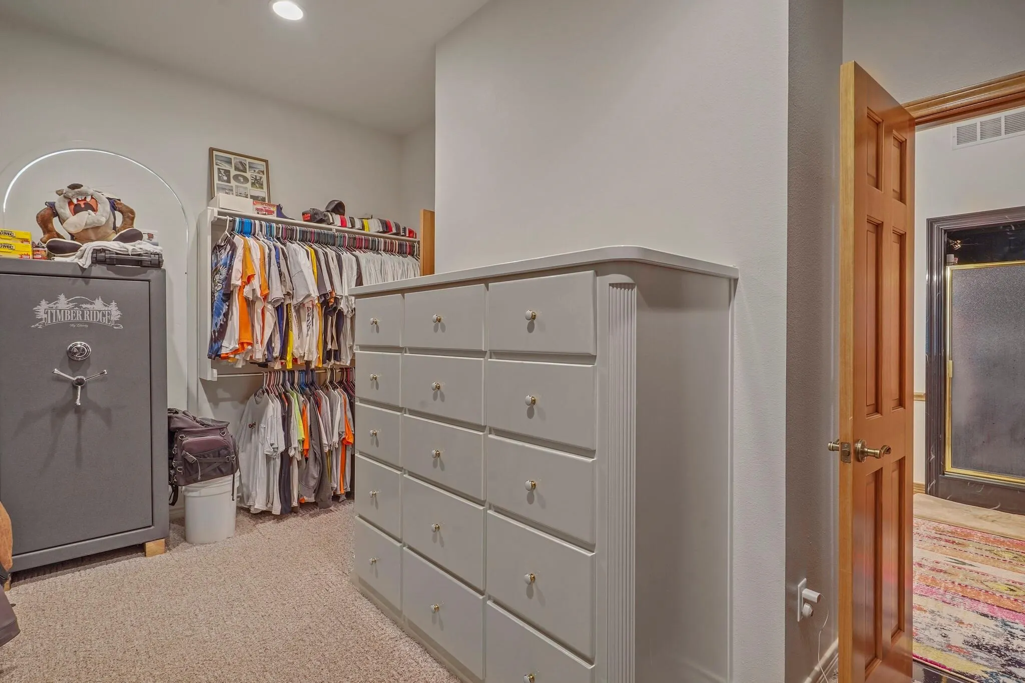 Walk in closet with light colored carpet
