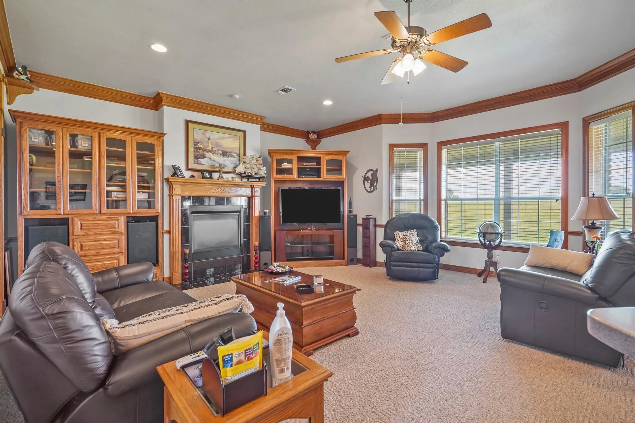 Carpeted living room featuring ceiling fan and crown molding